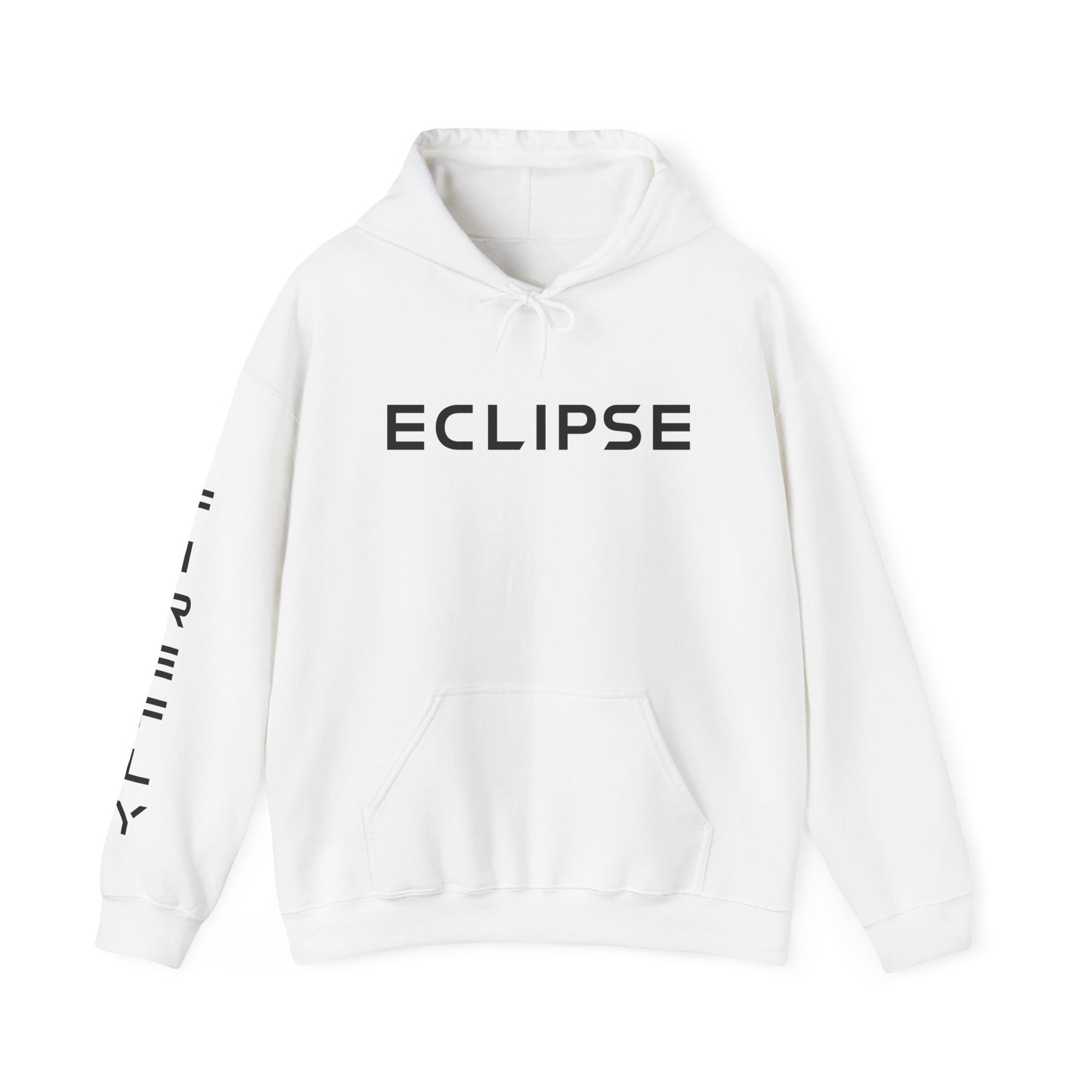 A white pullover hoodie with 'ECLIPSE' printed in black across the chest and vertical black text down the right sleeve, shown on a plain white background.