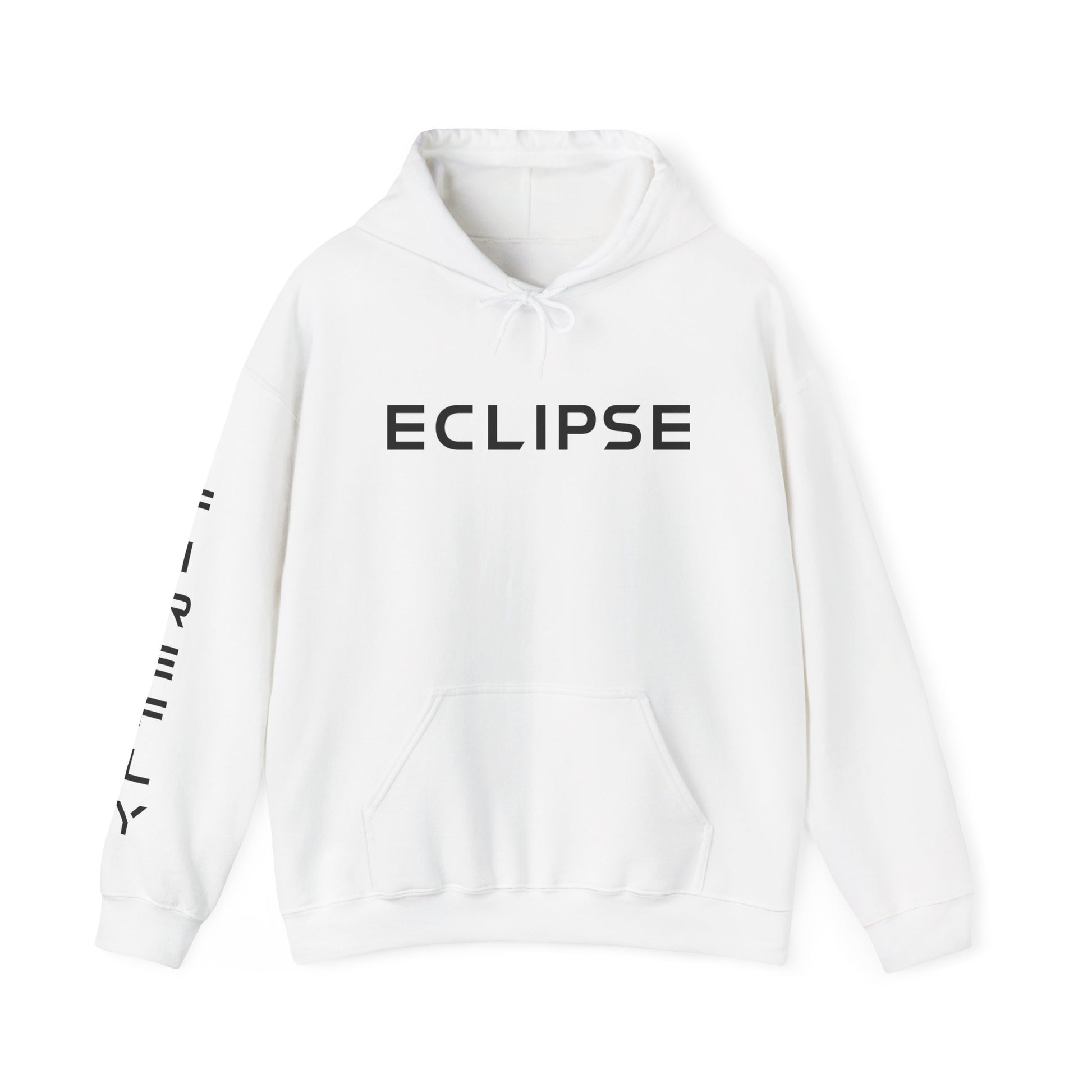 A white pullover hoodie with 'ECLIPSE' printed in black across the chest and vertical black text down the right sleeve, shown on a plain white background.