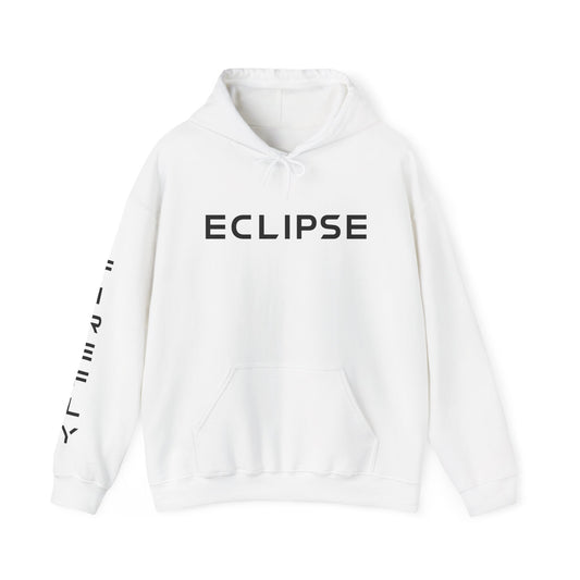 A white pullover hoodie with 'ECLIPSE' printed in black across the chest and vertical black text down the right sleeve, shown on a plain white background.