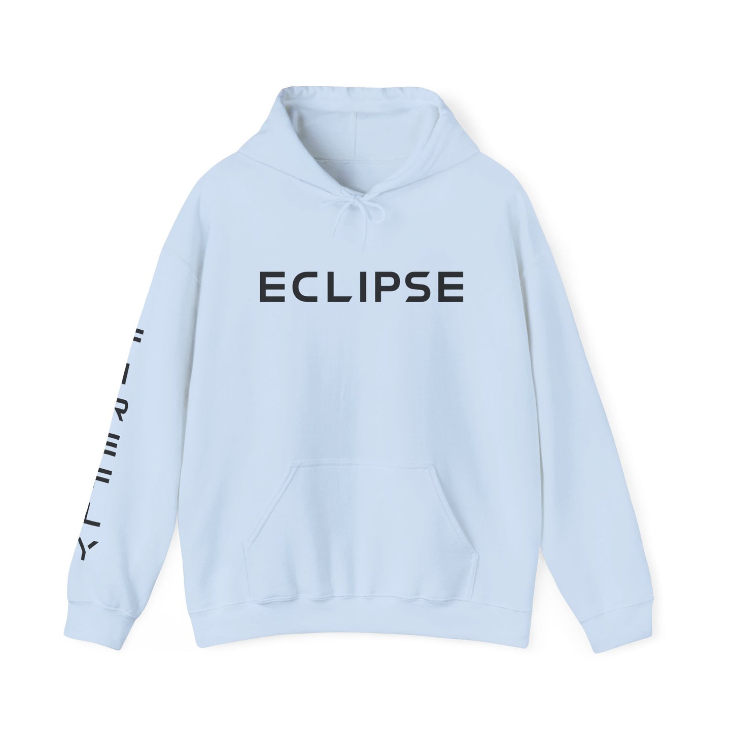 A light blue pullover hoodie with 'ECLIPSE' printed in bold black letters across the chest and additional black text down the right sleeve, shown on a plain white background.