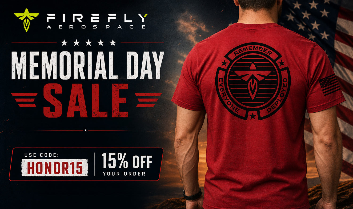 Person wearing a red t-shirt with a logo, standing in front of an American flag, with Firefly Aerospace Memorial Day Sale text.