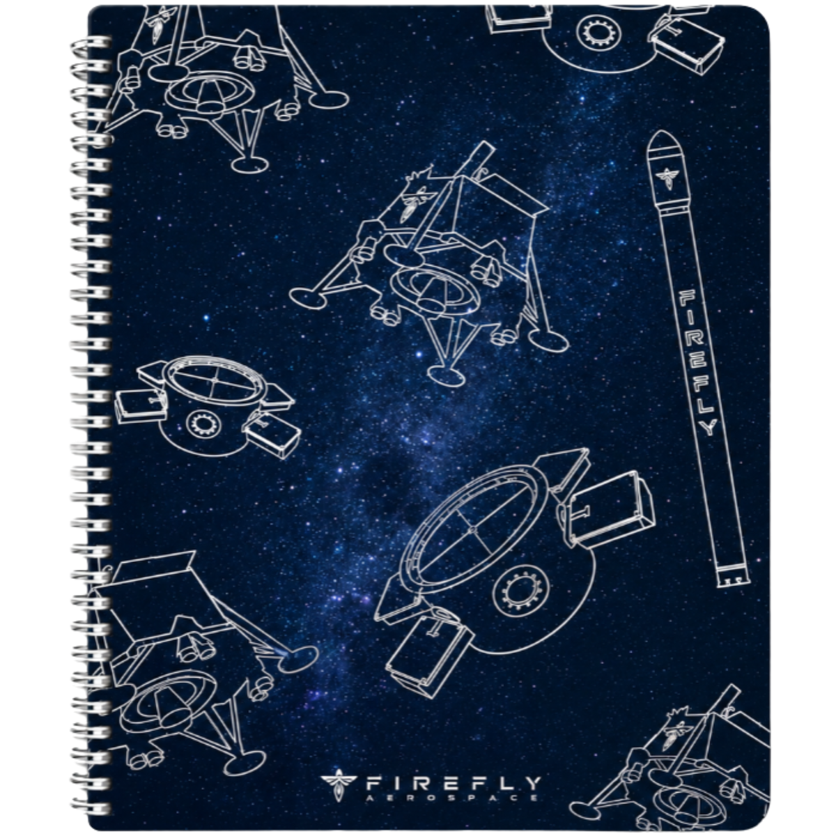 A spiral-bound notebook featuring a dark blue space-themed cover with white line drawings of rockets, spacecraft, and stars, plus the Firefly Airforce logo at the bottom.